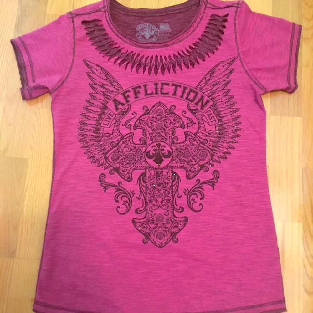 Affliction shirt. Burgundy with black design.